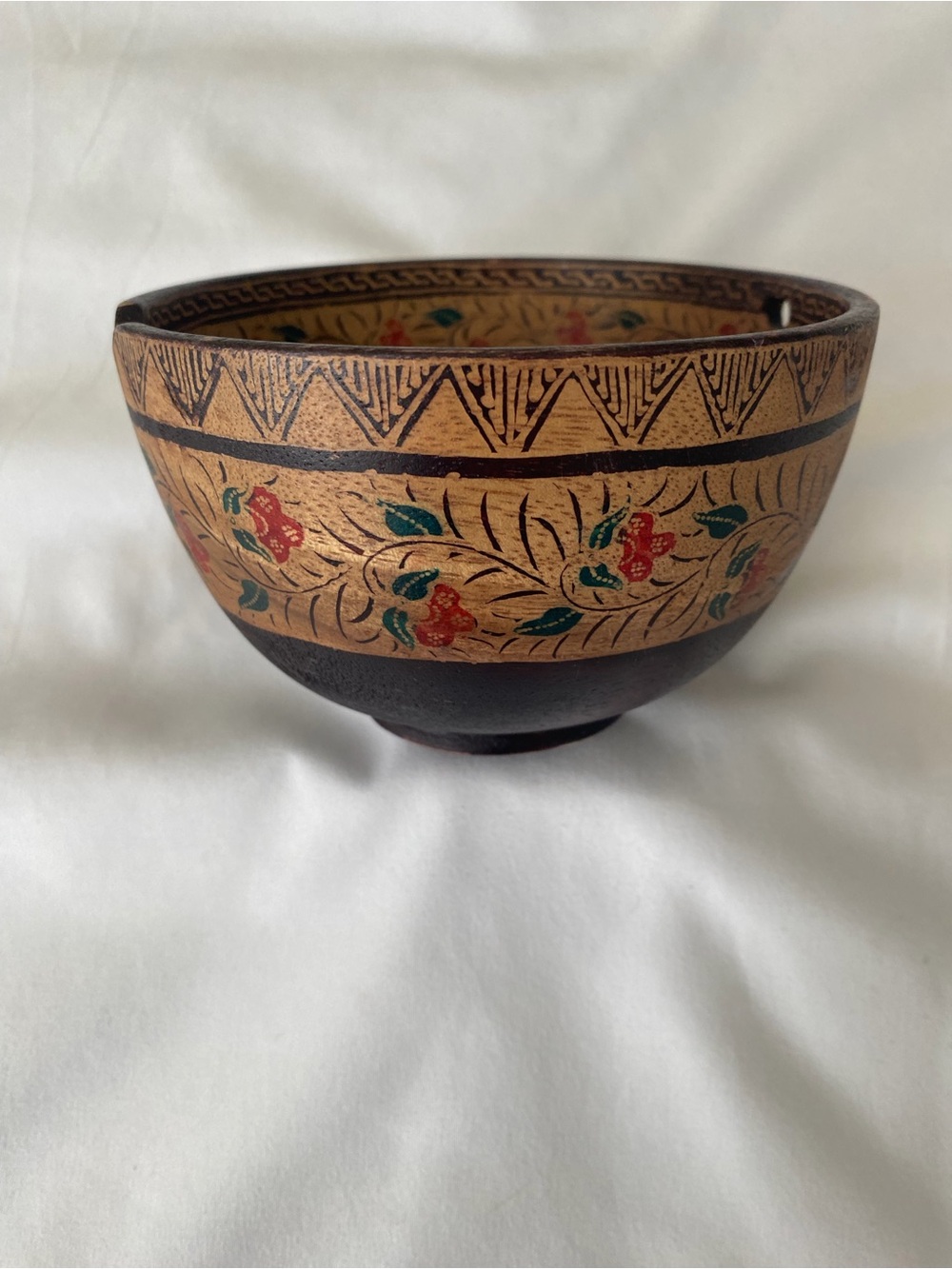 Vintage Hand-Painted Batik Wooden Rice Bowl with Chopstick Rest